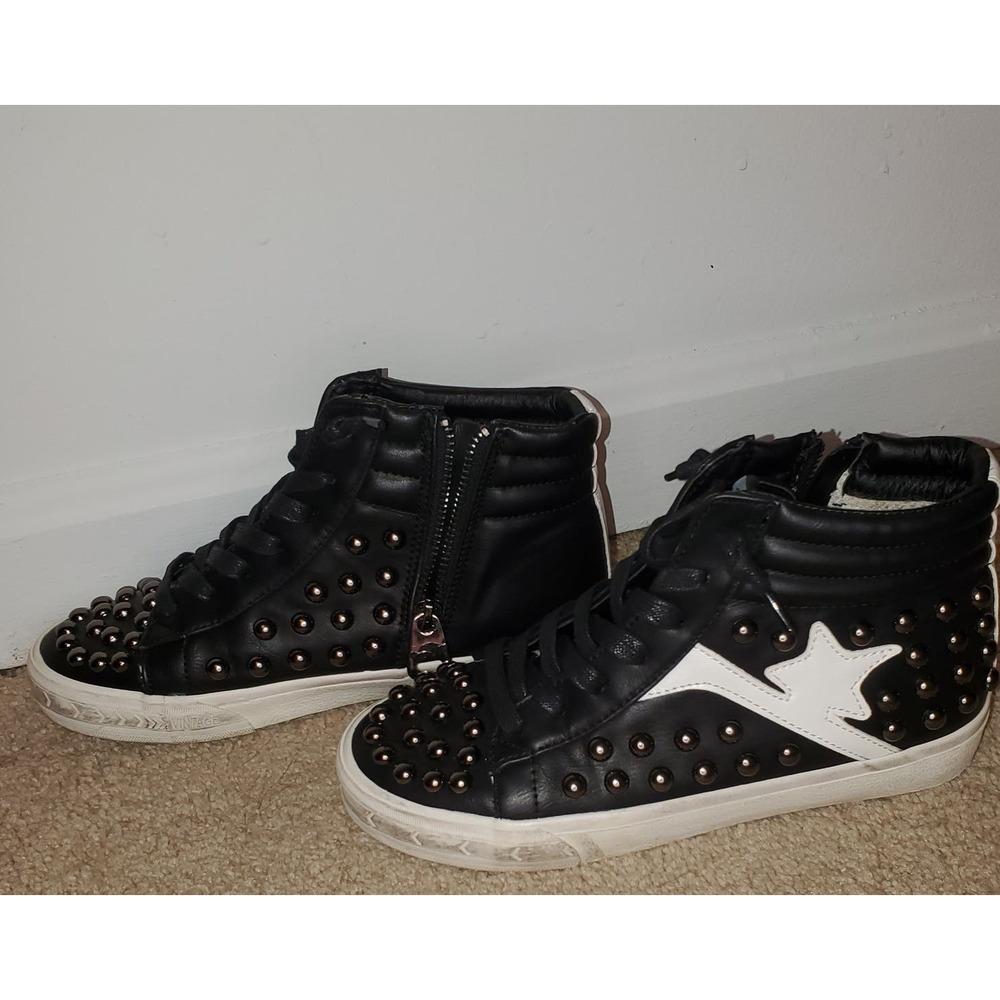 Vintage Havana Carmine Black Zip In High Top Studded Leather Sneaker Tennis Shoe